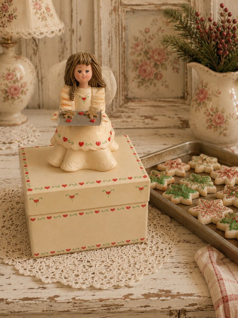 Avon Baking Angel Figurine with Heart Pattern Recipe Box Christmas Decor Cream